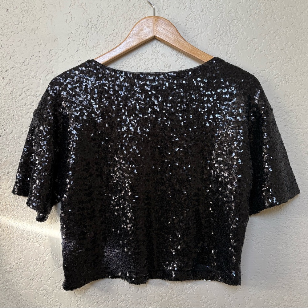 Anthropologie Cropped Short Sleeve Sequin Tee T-Shirt Black Sparkly Boxy - Picture 4 of 6